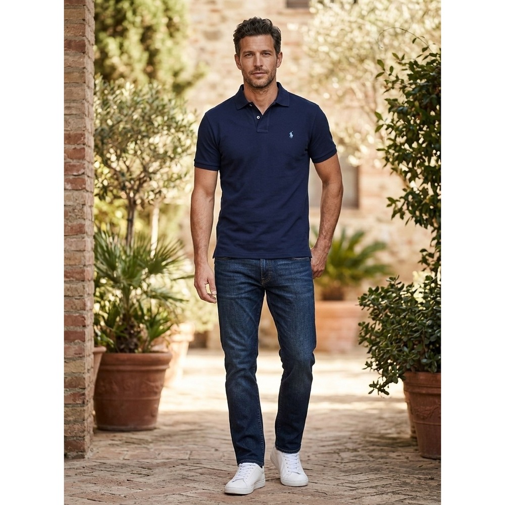 Polo Ralph Lauren Mens Navy Blue Mesh Cotton Short Sleeve Polo Shirt Large